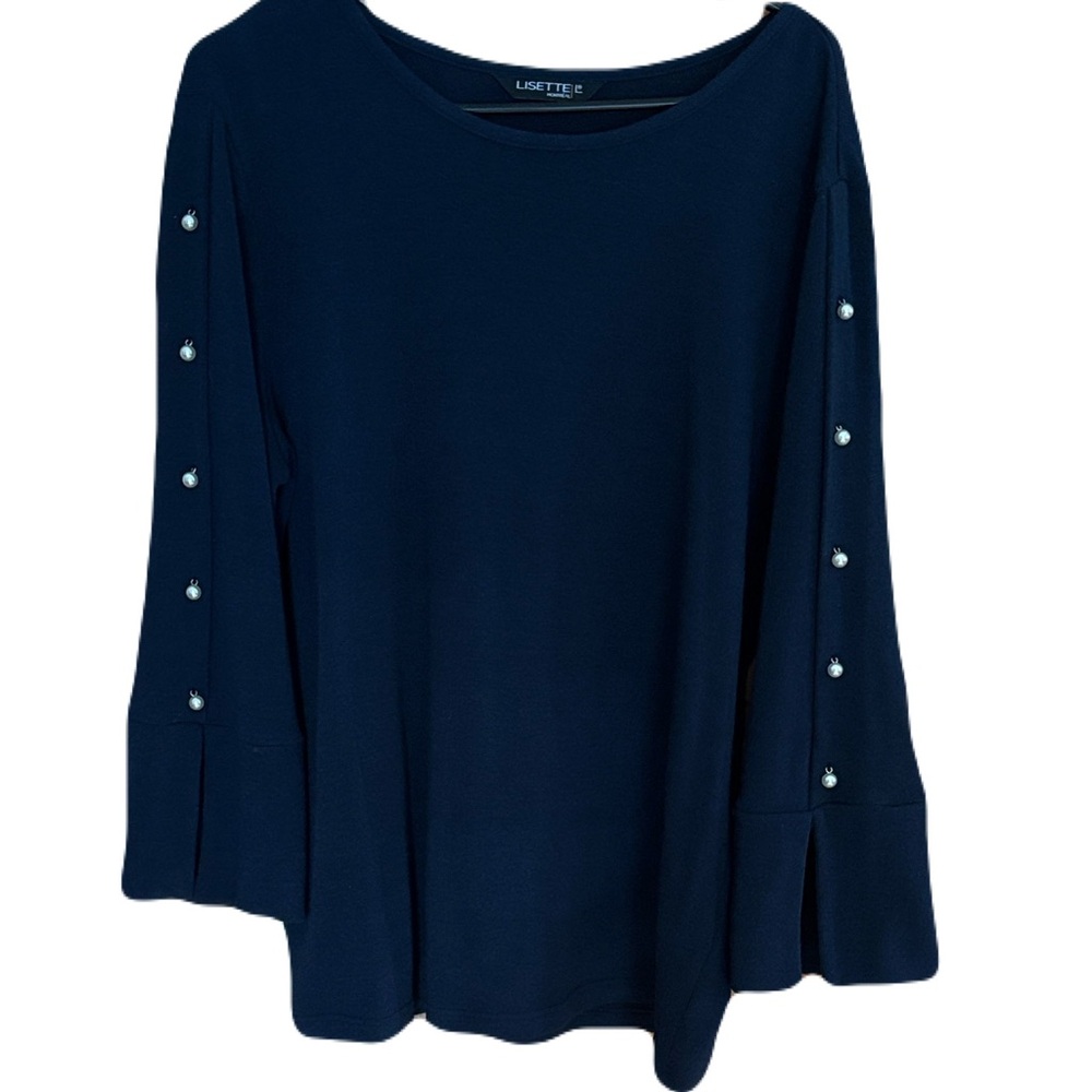 LISETTE L Montreal Navy Top with Pearl Sleeve Details